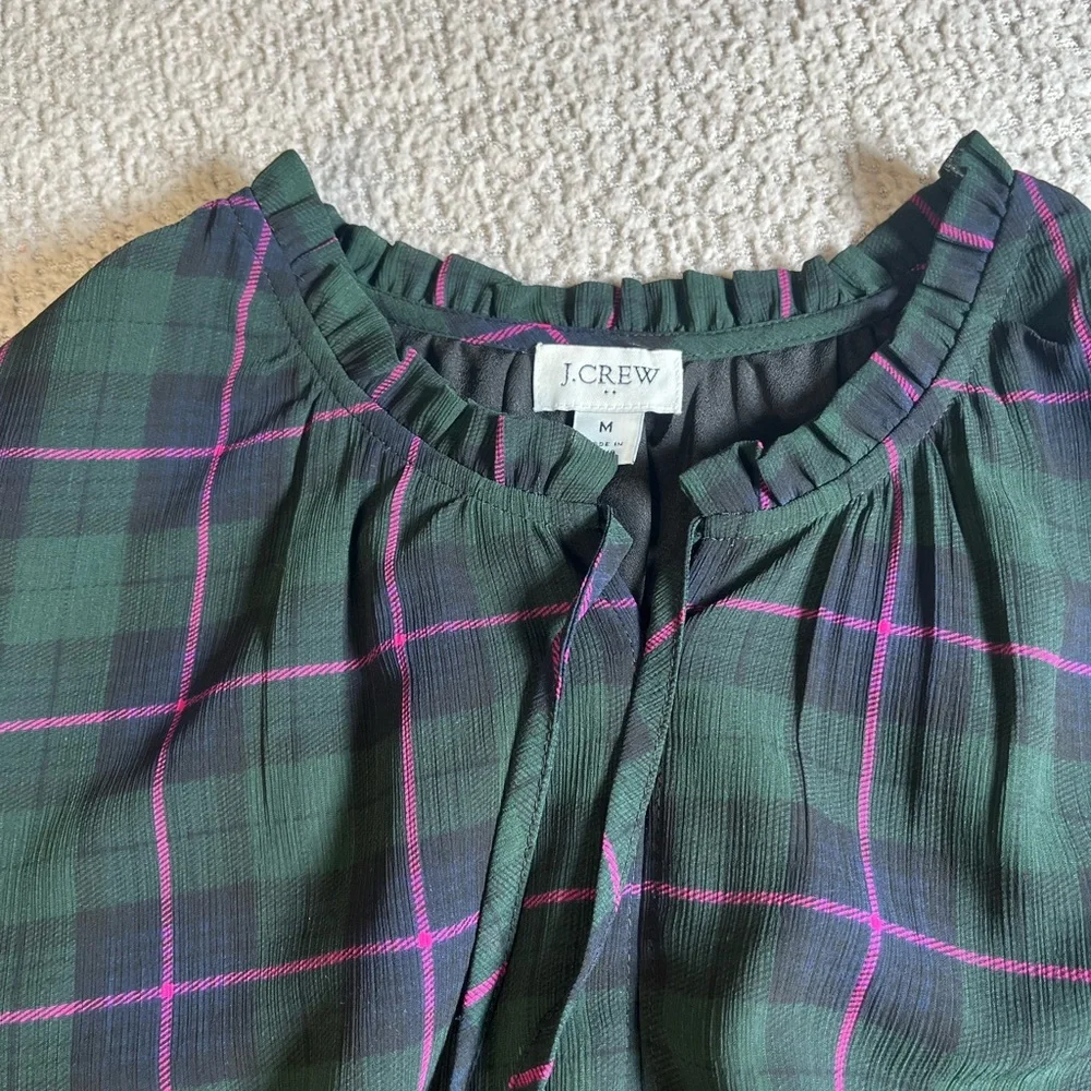 J.CREW Dark Green Plaid Blouson Dress, Ruffle Tie Collar Puff Sleeve Size Medium
